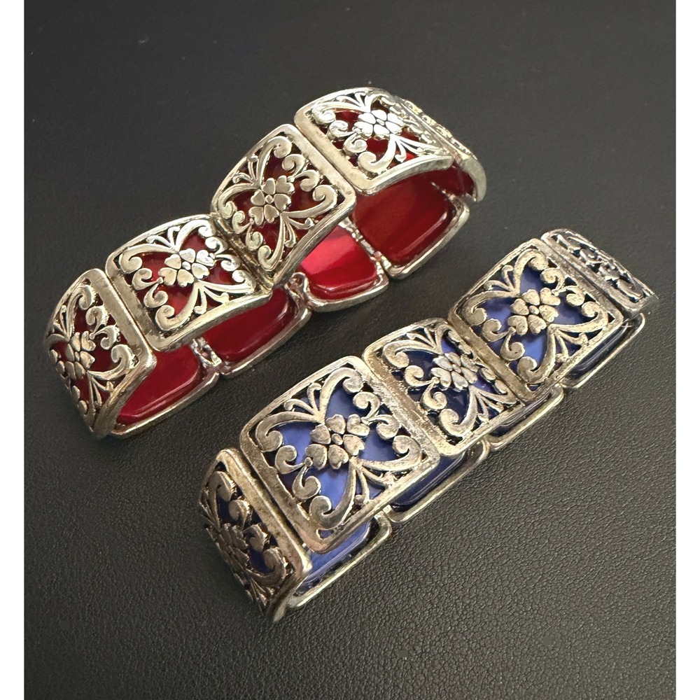 Filigree Bracelet Set Victorian Revival Red Blue Silver Tone